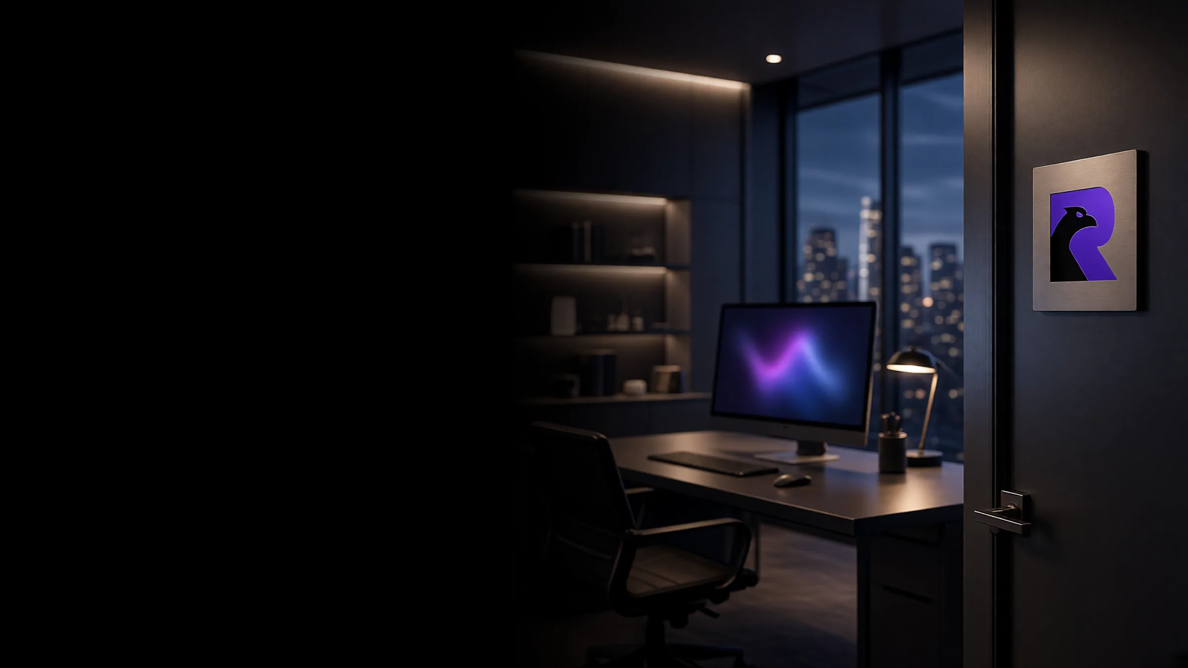 A diligence room at night: deal documents and a closed dossier under a banker's lamp