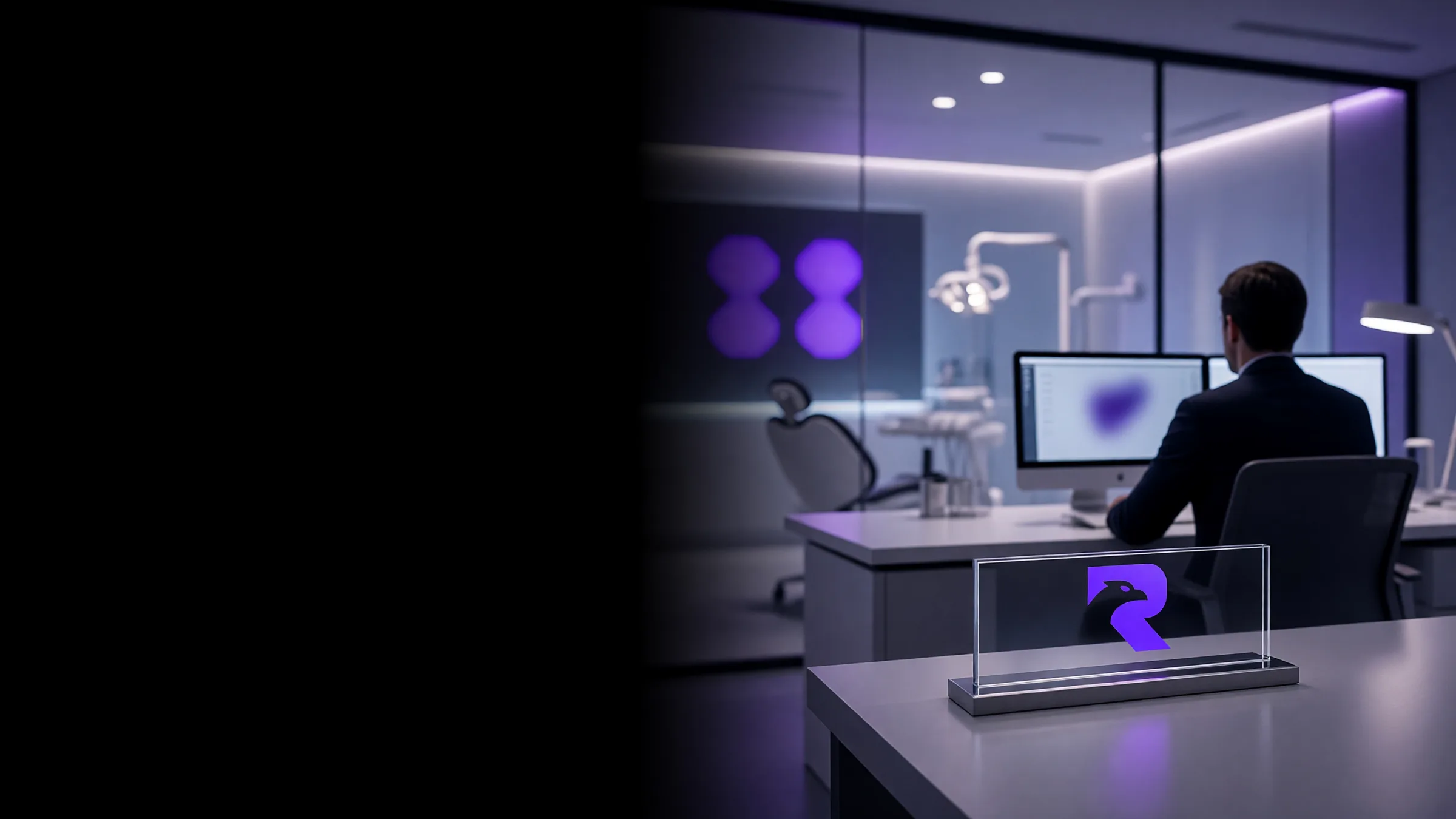 A modern dental operatory at night, chair under a violet exam light