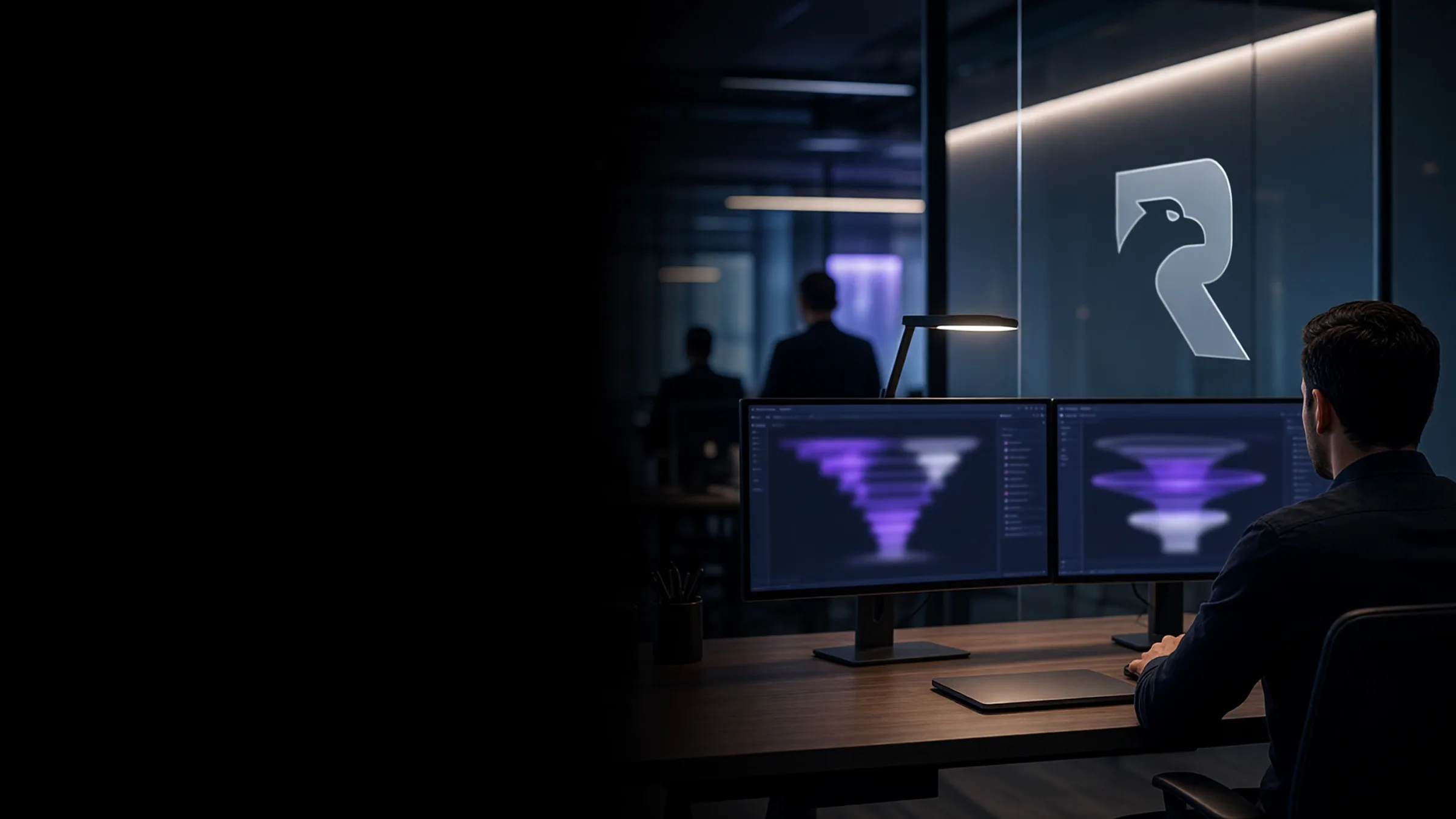 An operations room with the pipeline on a wall screen and CRM records open on two desks.
