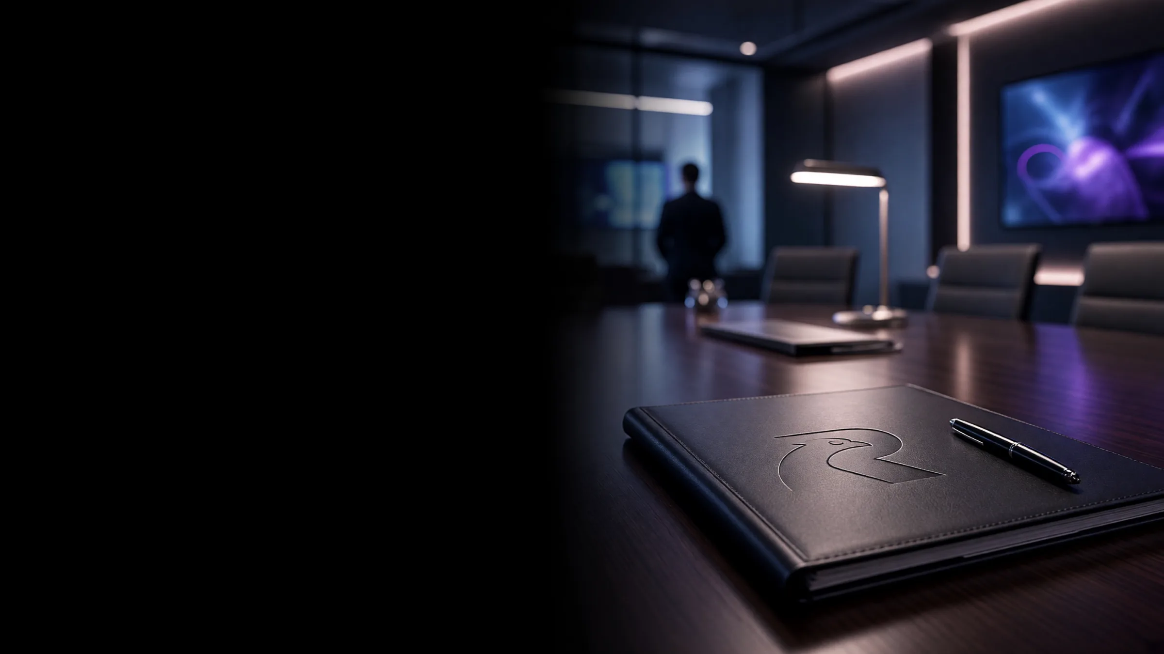 A formal workspace at night