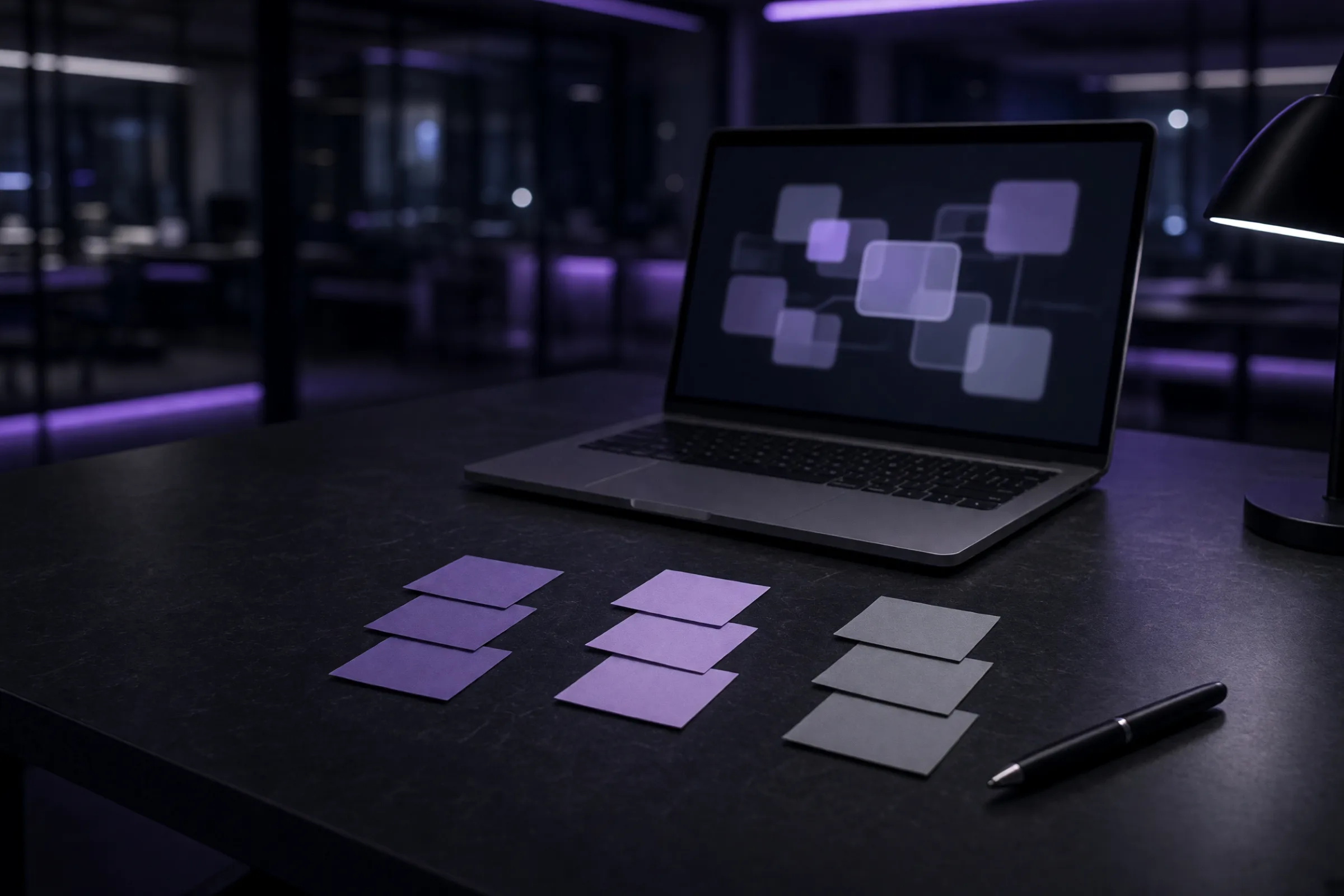 A leadership table with sticky notes sorted into groups as AI ideas are ranked by payoff and risk.