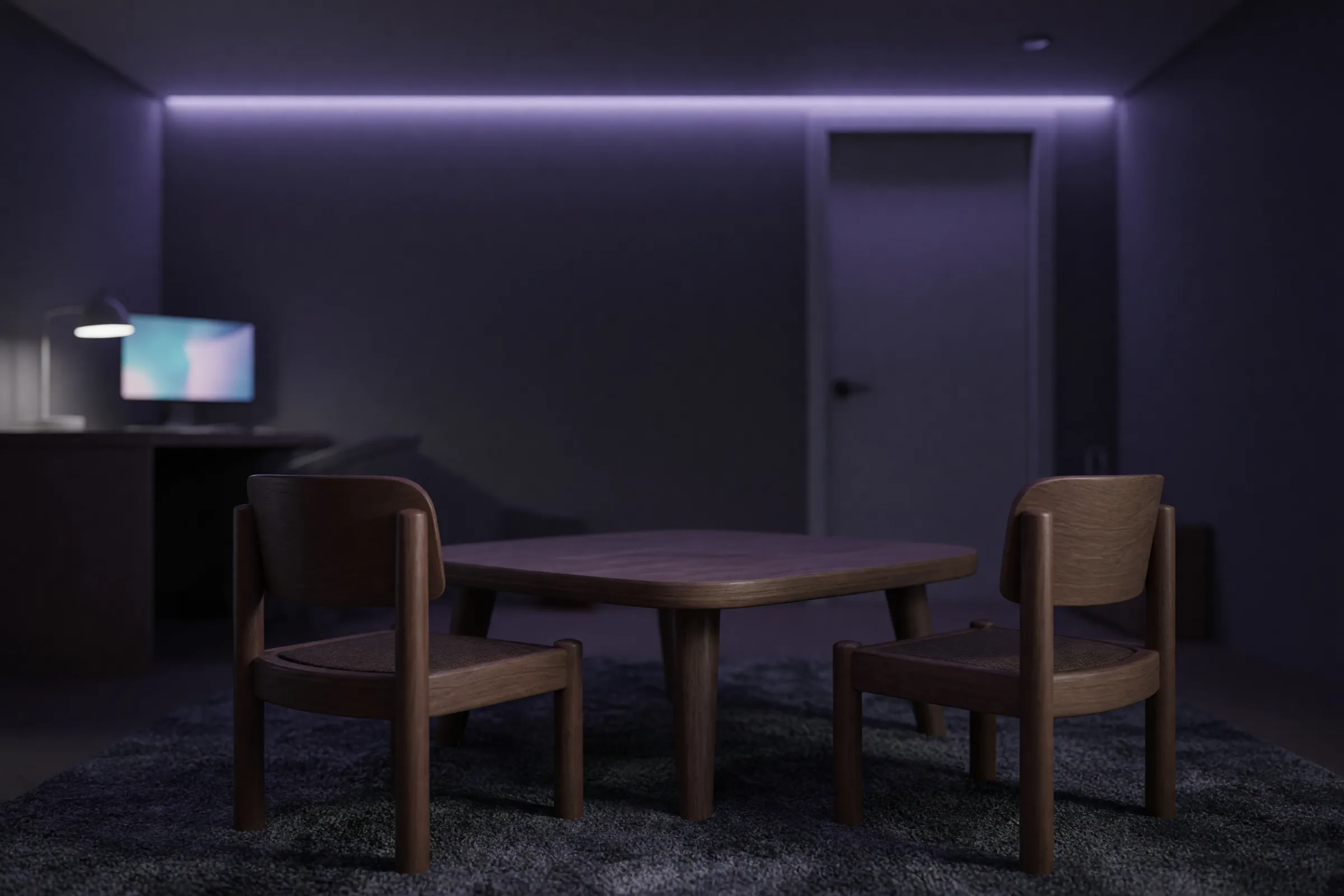 A therapy room for children with small chairs and a low play table on a soft rug.