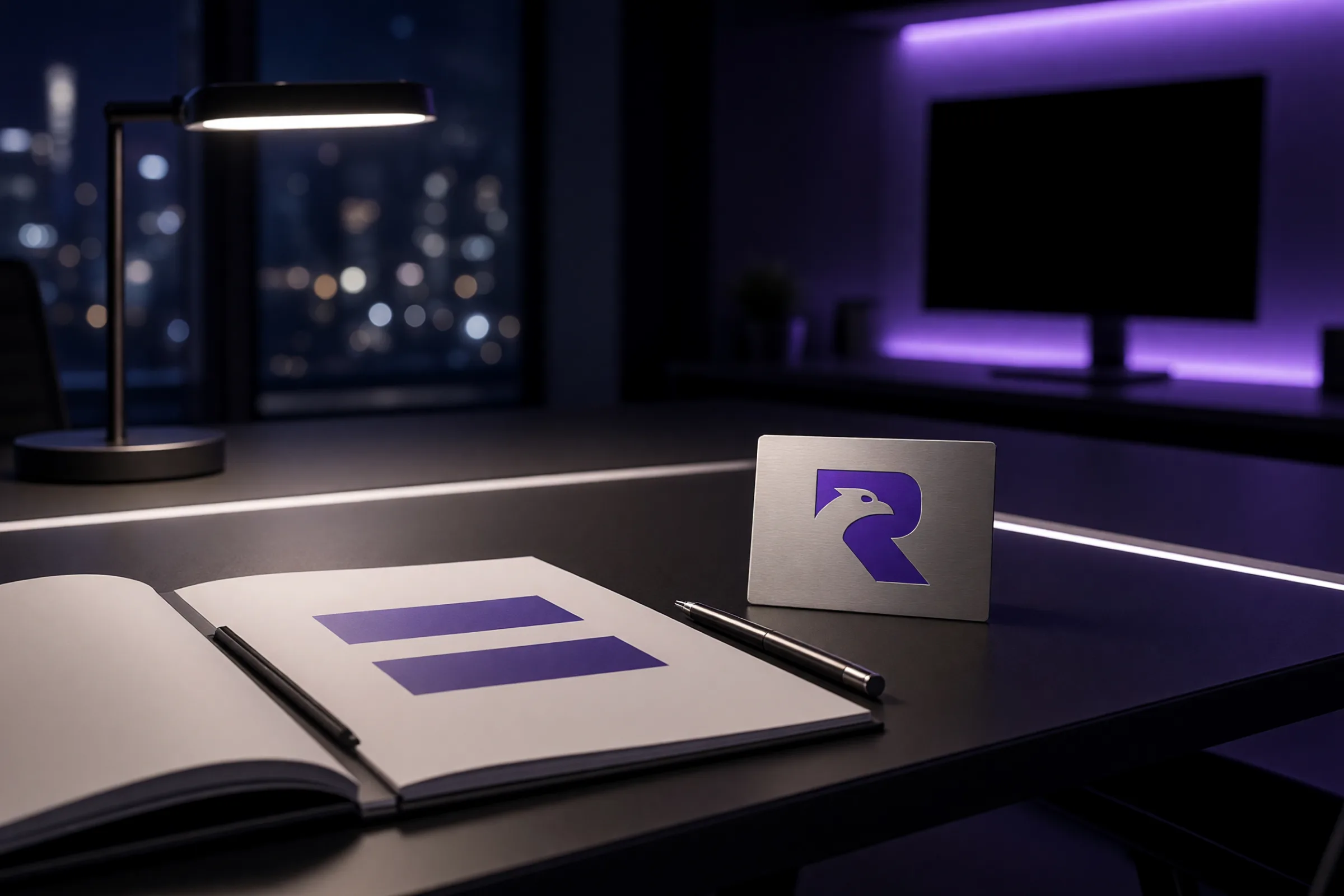 A diligence table at night with an open folder, a pen, and a small RVNOPS card.