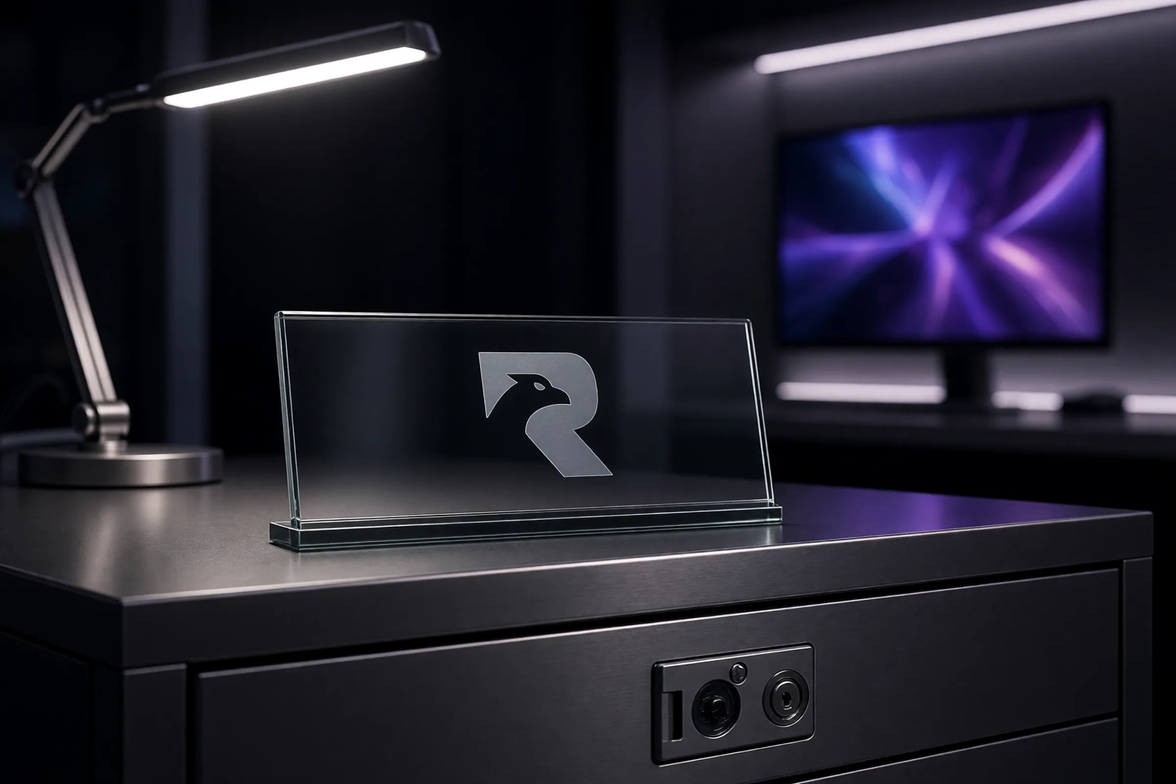 A compliance desk at night with a locked steel drawer and a glass nameplate.