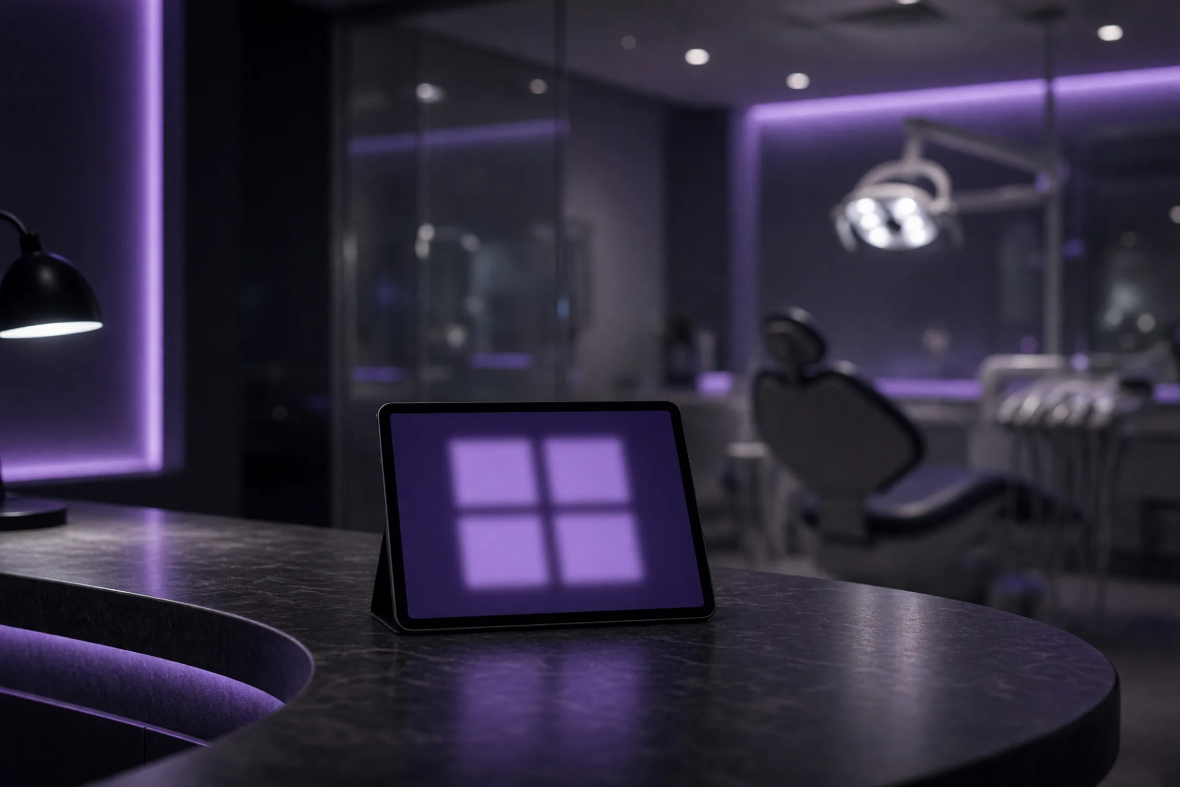 A dental group front desk at night with a treatment room visible through the glass.