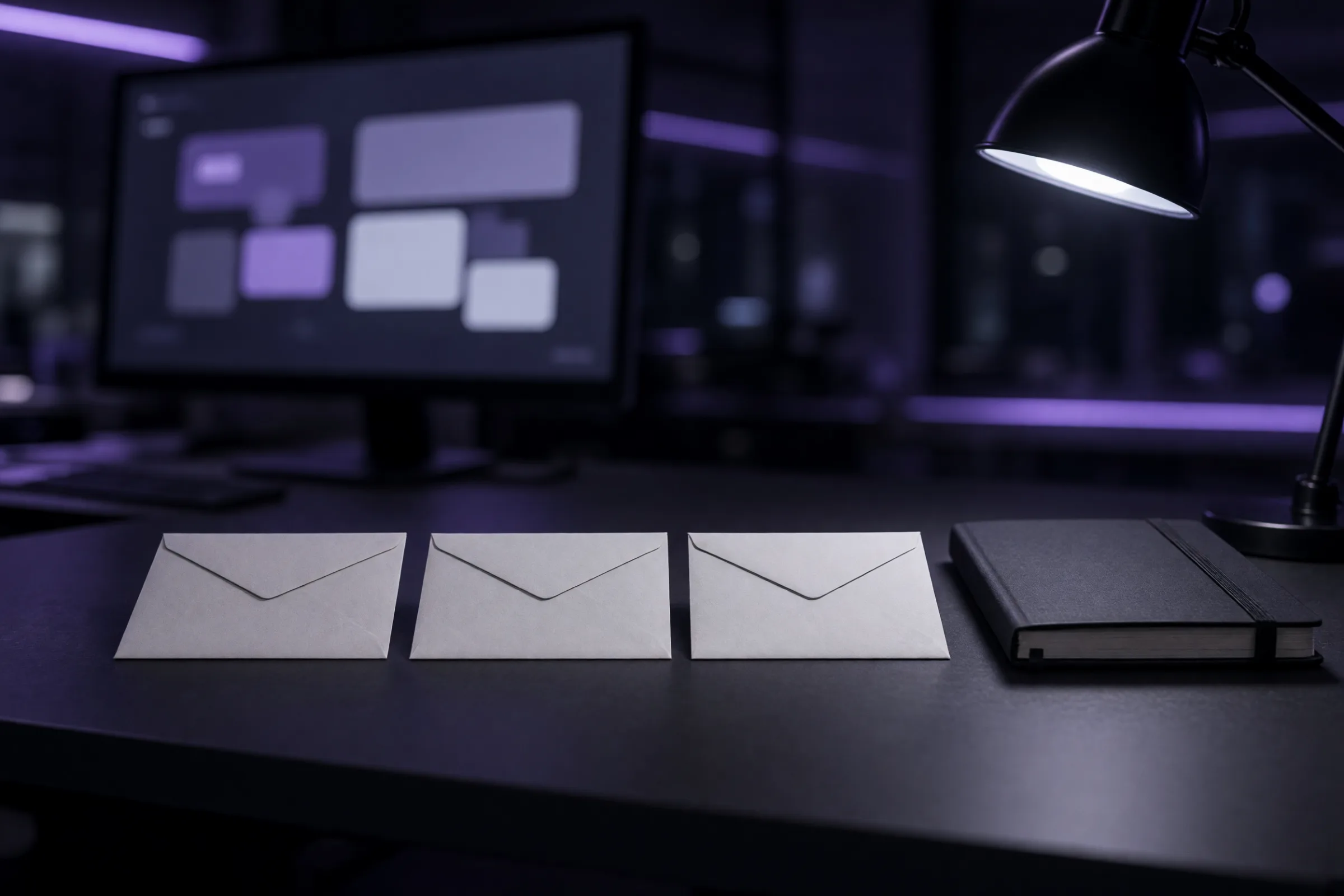 An email planning desk with a message layout on screen and three envelopes for nurture and referral letters.