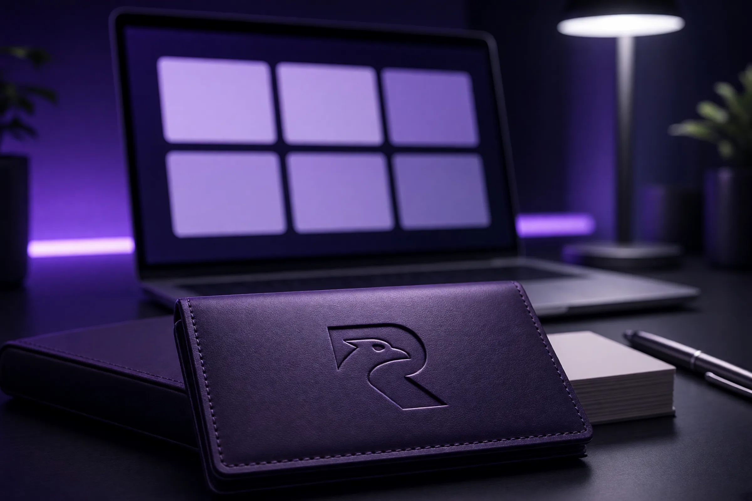 A business development desk with a laptop audience grid, business cards, and an RVNOPS card holder.
