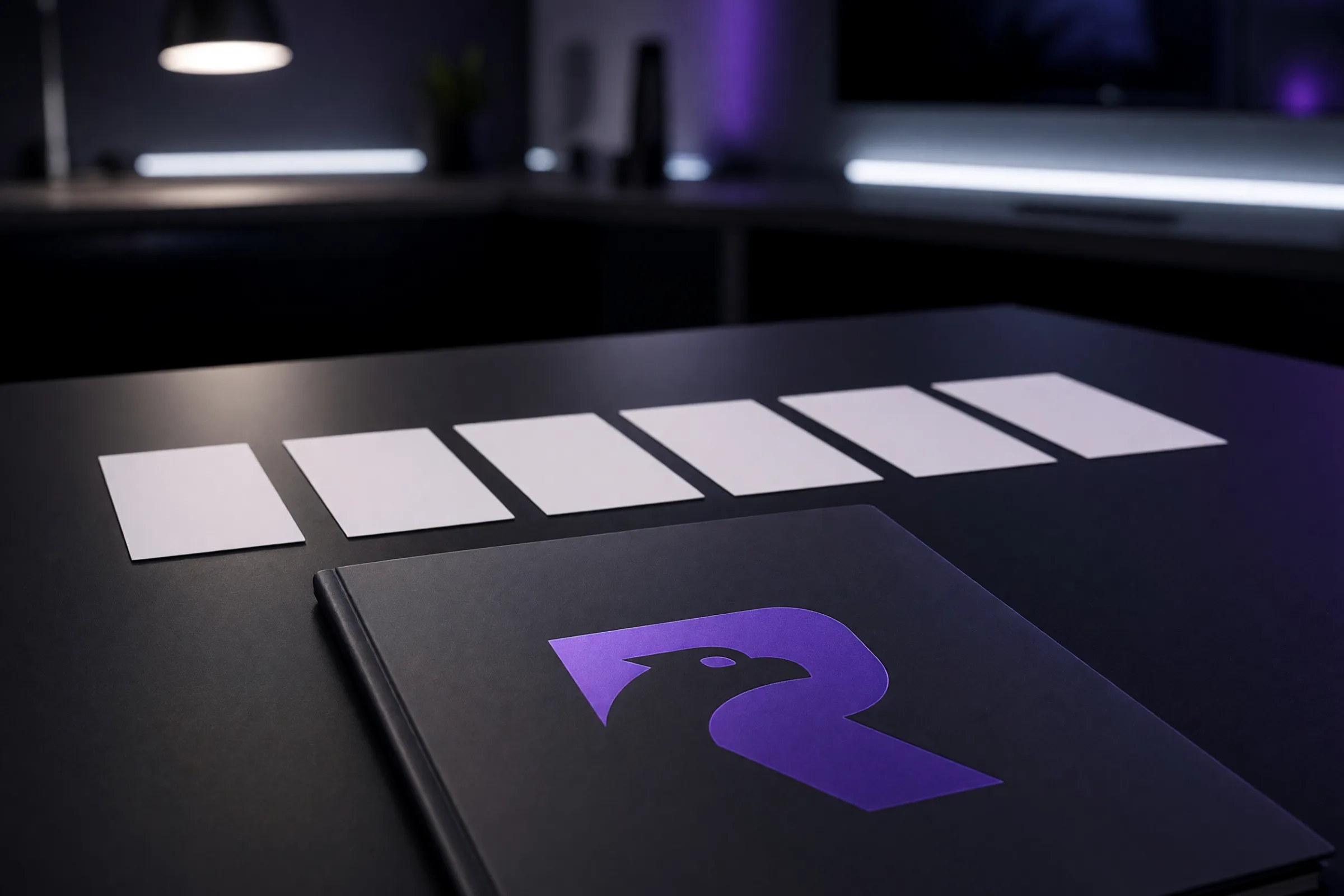 A row of blank planning cards laid out in order on a dark table beside a closed RVNOPS folder.