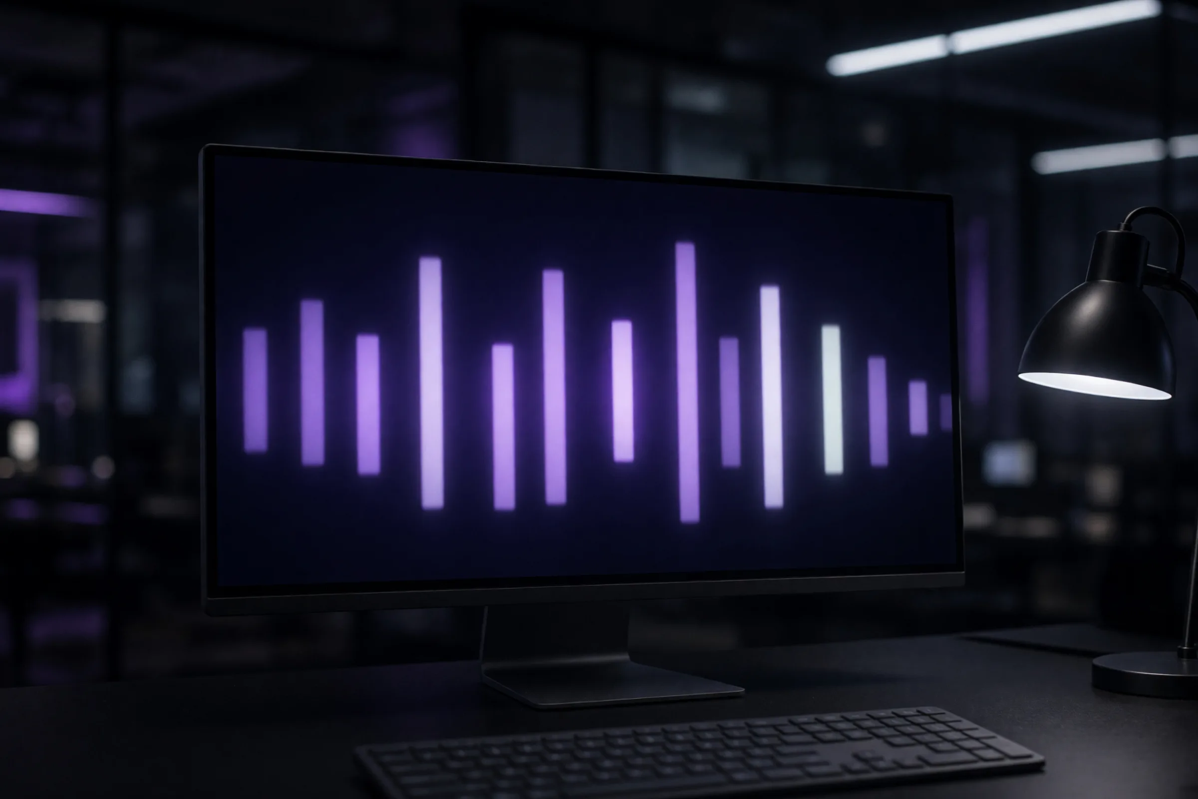 A paid search desk at night, a monitor showing campaign pacing bars.