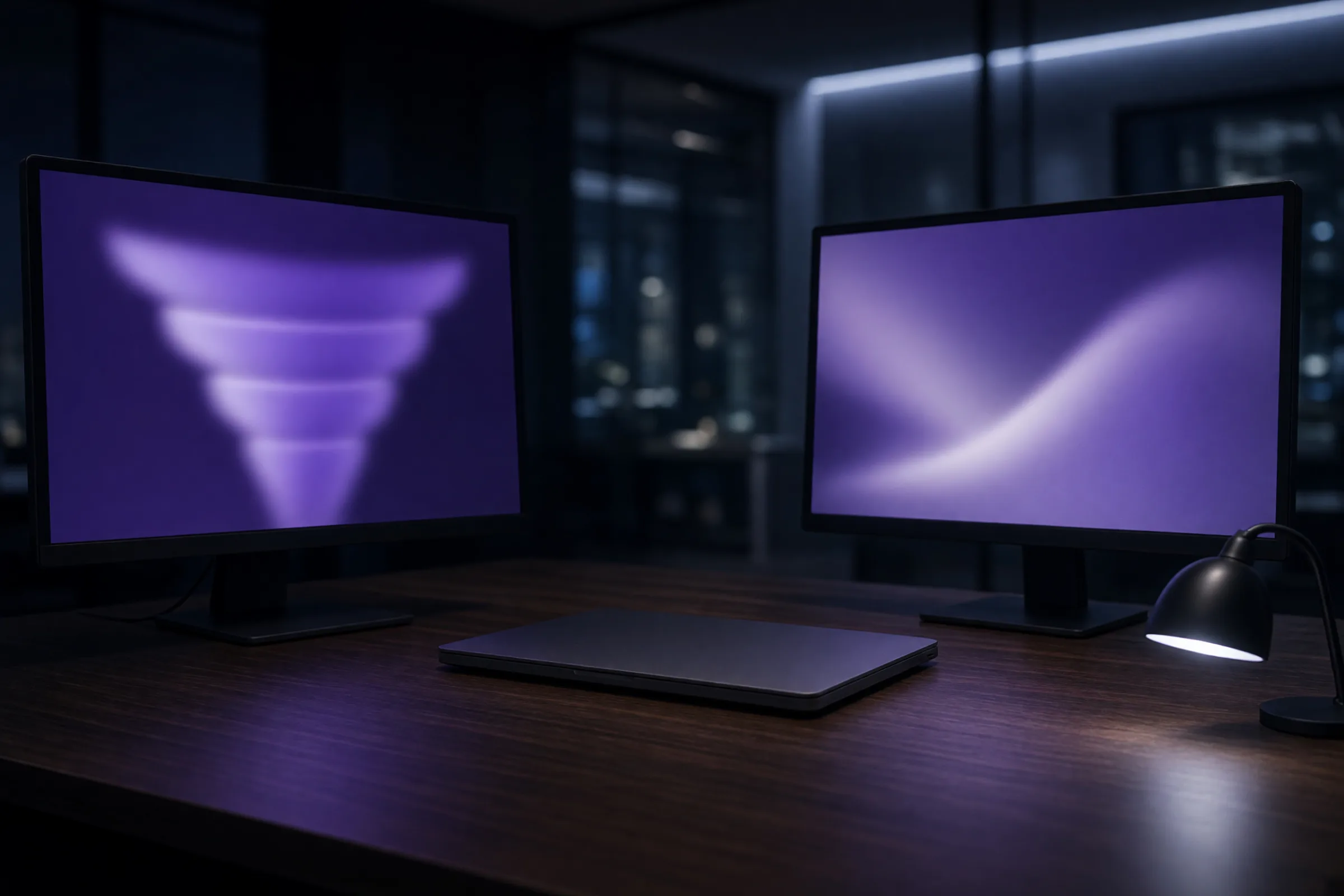 Two monitors showing a pipeline funnel and a revenue trend shared by marketing, admissions, and finance.
