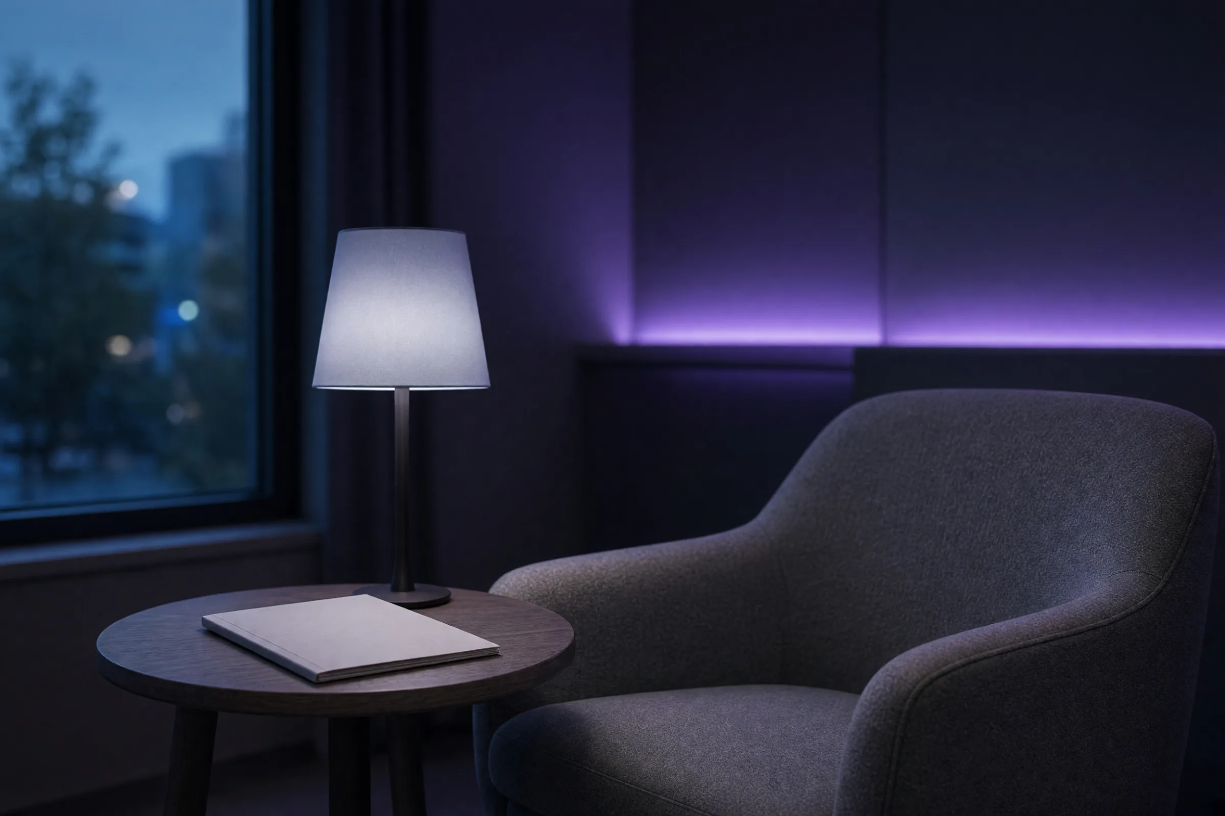 A senior living lounge at dusk with an armchair, a side table, and a community brochure.