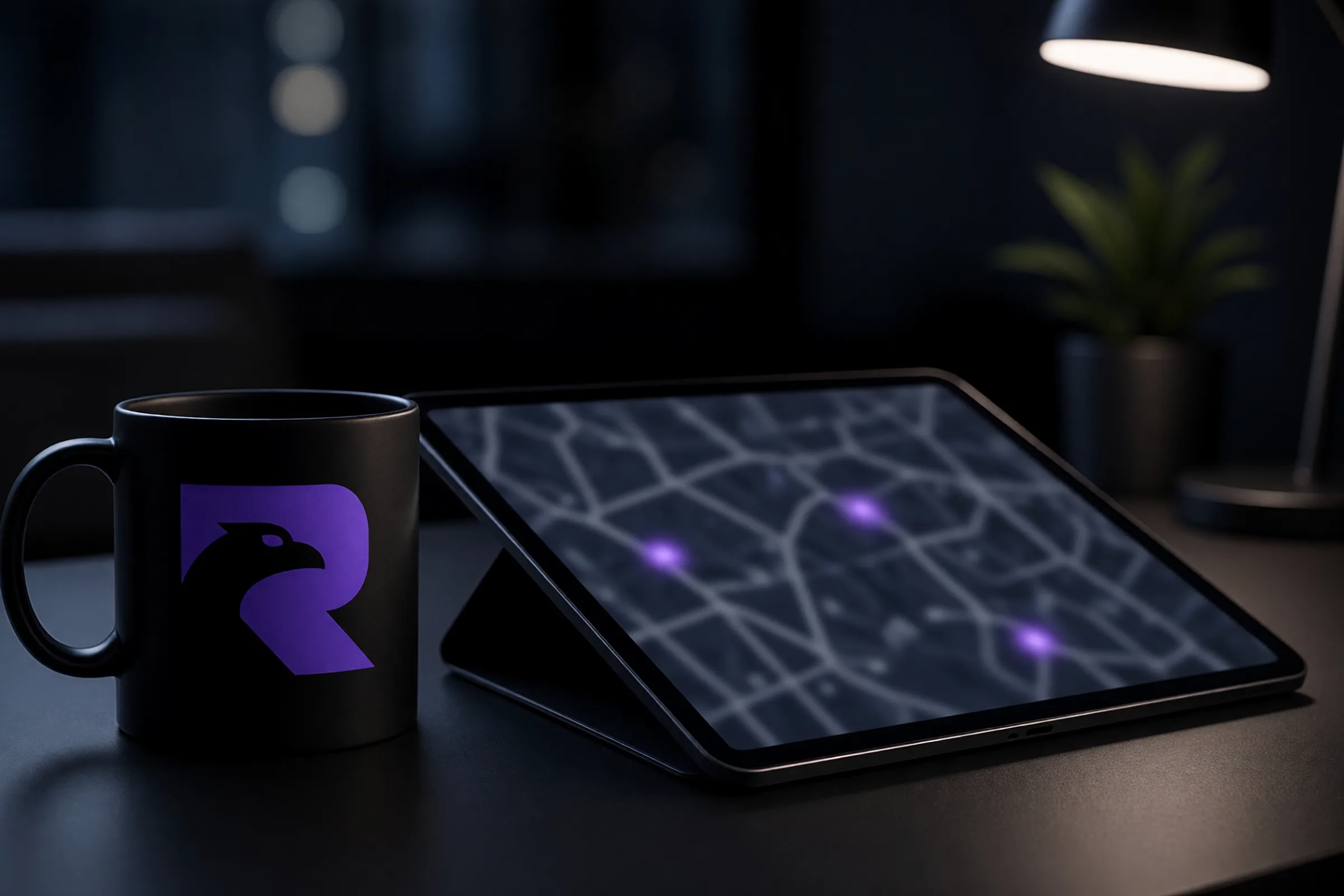 A tablet showing a local search map with three highlighted locations beside an RVNOPS mug.