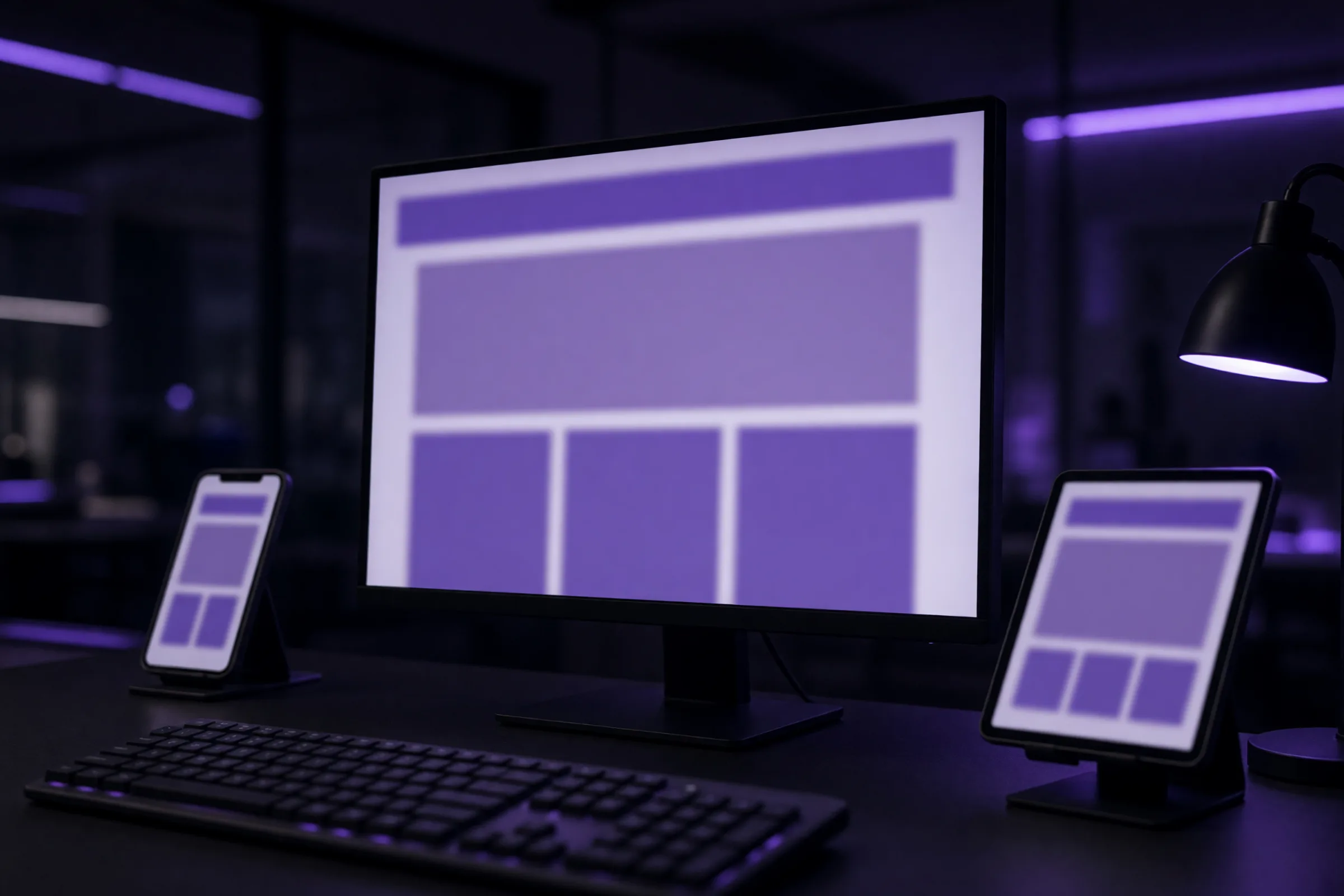 A healthcare website layout shown on a monitor, a tablet, and a phone in a web studio.